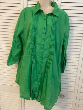 Antilia Femme Womens Green Button Down 2XL Pleated Roll-Tab Cotton Ina Garten